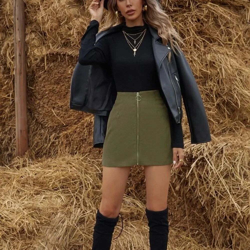 Corduroy zip up o ring mini skirt fall winter boho tiktok trendy light green - Picture 3 of 12